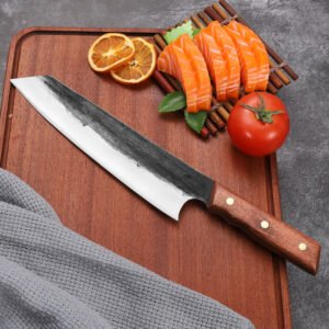 kitchen knife with wooden handle, aleaver edge, sushi sashimi, hand forged kitchen